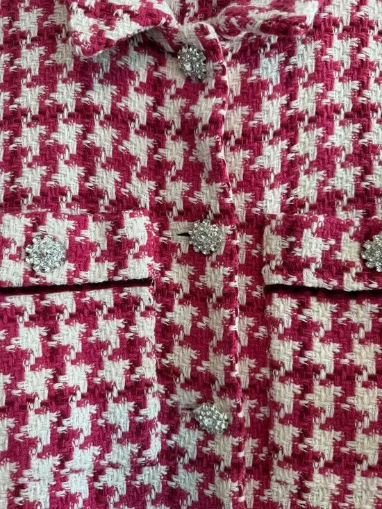 Zara Women's Short Textured Tweed Blazer Jacket Small Raspberry Houndstooth - Picture 4 of 9